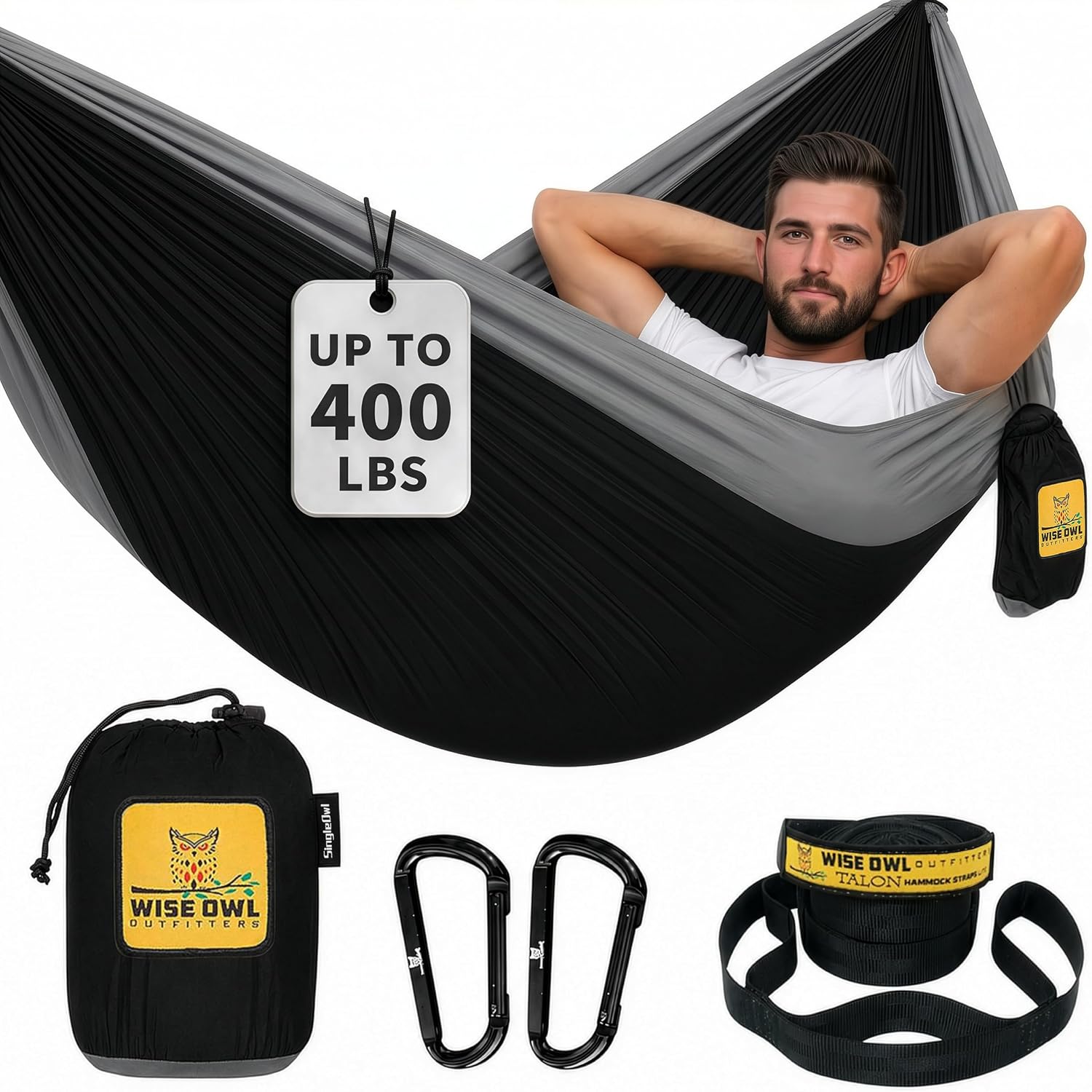 Wise Owl Outfitters Hammock for Camping Single Hammocks Gear for The Outdoors Backpacking Survival or Travel - Portable Lightweight Parachute Nylon SO Black & Grey