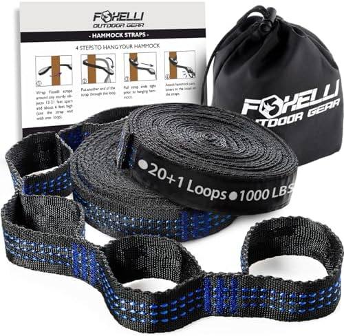 Foxelli XL Hammock Straps - Extra Long 20FT Heavy Duty No-Stretch Suspension System, 40+2 Loops, 2000 LBS Capacity, for Indoor/Outdoor Use, Set of 2 Straps & Carry Bag