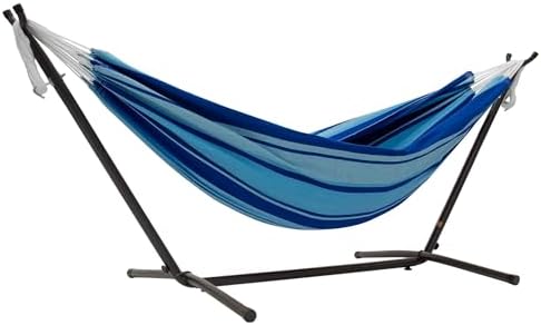 Vivere Double Cotton Hammock, Space Saving Steel Stand, Blue Lagoon, 9 Ft