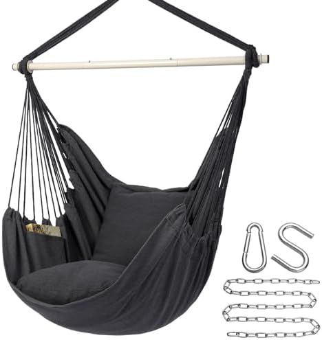 Y- STOP Hammock Chair Hanging Rope Swing, Max 500 Lbs, 2 Cushions Included, Large Macrame Hanging Chair with Pocket, Cotton Weave for Superior Comfort, Durability (Dark Grey)