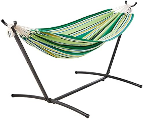 Amazon Basics Double Hammock with 9-Foot Space Saving Steel Stand and Carrying Case, 2 Person, 450 lb Capacity, Beige Stripe with Lace, 110" x 47" x 43"
