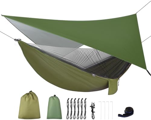 Camping Hammock with Mosquito Net Rain Fly Heavy Duty Tree Strap Nylon Parachute Single Double Hammock Tent Waterproof Rainfly Set for Camping Backpacking Backyard Patio Hiking Travel Outdoor