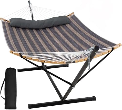SUNCREAT Portable Outdoor Hammock with Stand, Heavy Duty Hammock with Carrying Bag, Soft Pillow, Balance Ropes, Dark Blue