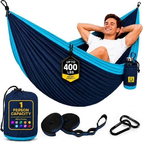 Durable Hammock 400 lb Capacity, Nylon Camping Hammock Chair - Double or Single Sizes w/Tree Straps and Attached Carry Bag - Portable for Travel/Backpacking/Beach/Backyard (Medium, Blue & Light Blue)
