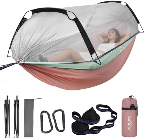 Sunyear Camping Hammock Tent - Portable Hammocks with Mosquito Net (Single/Double, 500lbs Capacity) - Spacious & Anti-Rollover Design with 2 Tree Straps for Hiking, Backpacking, Indoor/Outdoor Use