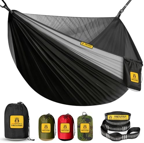 Camping Hammock with Mosquito Net, 500 lbs Portable Hammock with Tree Straps, 2-in-1 Double/Single Travel Hammock Tent for Outside/Indoor/Backpacking/Beach - Black & Grey
