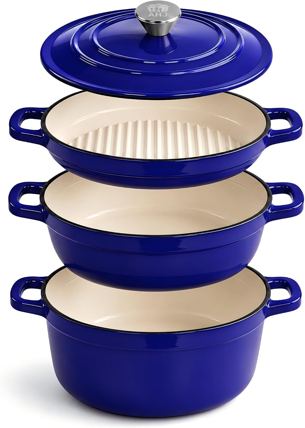 AHJ Cast Iron Dutch Oven Set - 4 Piece Nesting Enameled Cookware with Lid