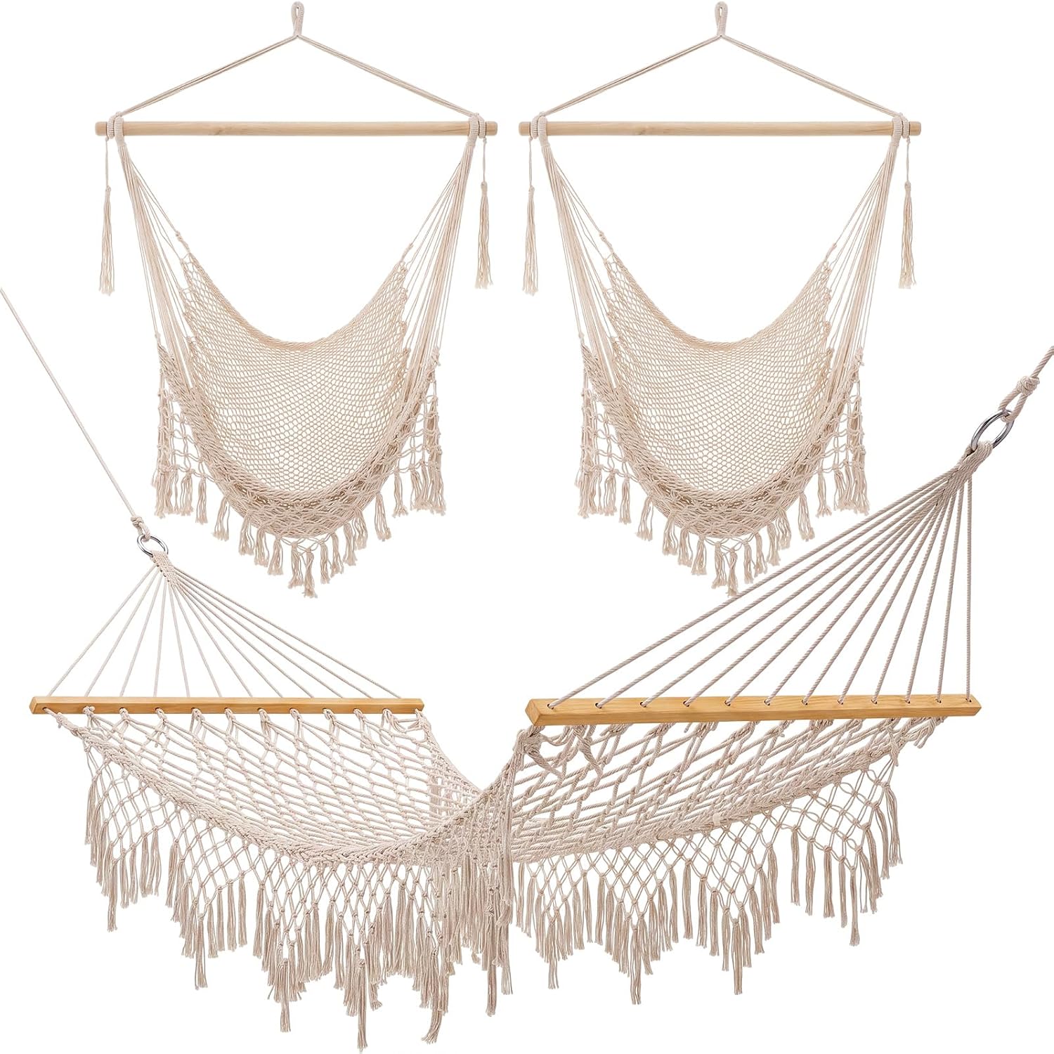 10 ft Beige Macrame Hammock with 2 Pcs Cotton Rope Hanging Swing Chair Tassels Double Woven Rope Hammock with Hanging Ropes Wooden Spreader Bars for Indoor Outdoor Garden Yard Living Room Use