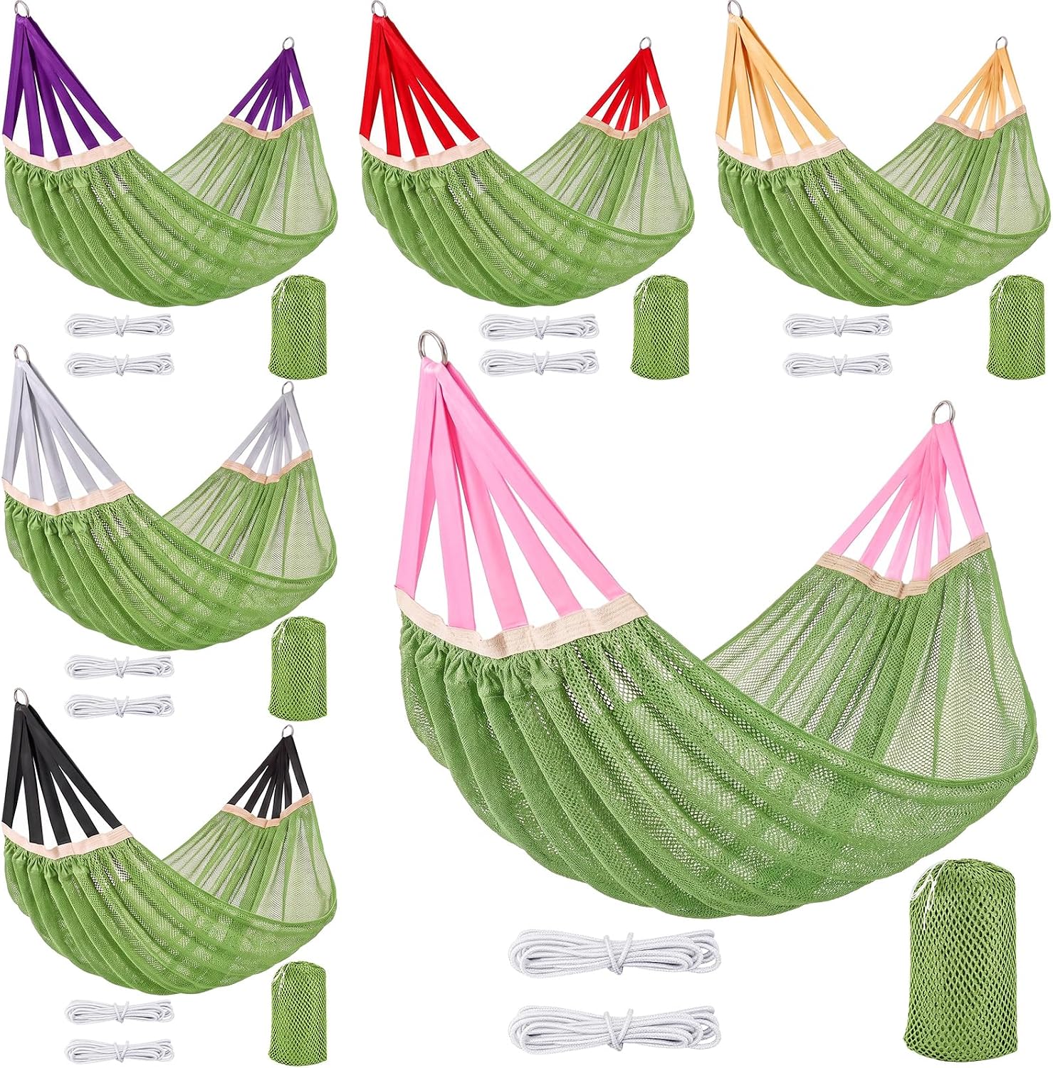 6 Pcs Camping Hammocks with Thick Rope and Storage Bags Portable Travel Nylon Mesh Hammock 102 x 51 in Lightweight Breathable Outdoor Hammock for Camping Hiking Backpacking Backyard